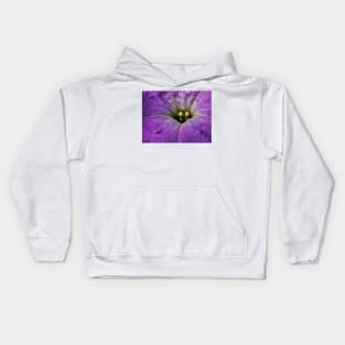 closeup macro photography of single bright purple glowing vivid floral fantasy with delicate and intricate gold coloured stamens Kids Hoodie